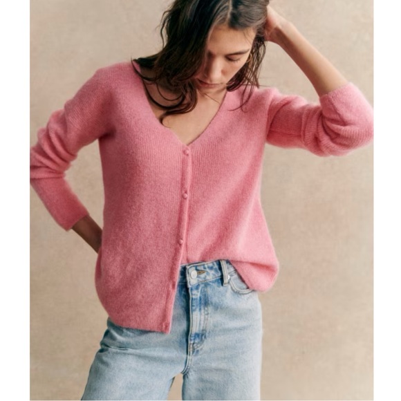 SEZANE NWT Rose Pink Alpaca Mohair Wool Reversible V Neck Barry Cardigan Sweater - Picture 3 of 16